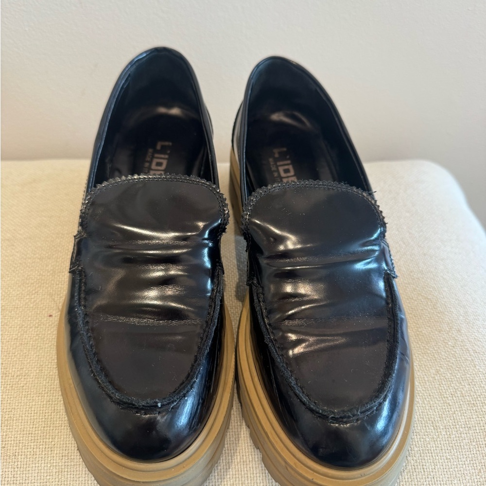Black Patent Loafers with Tan Platform Sole - Women